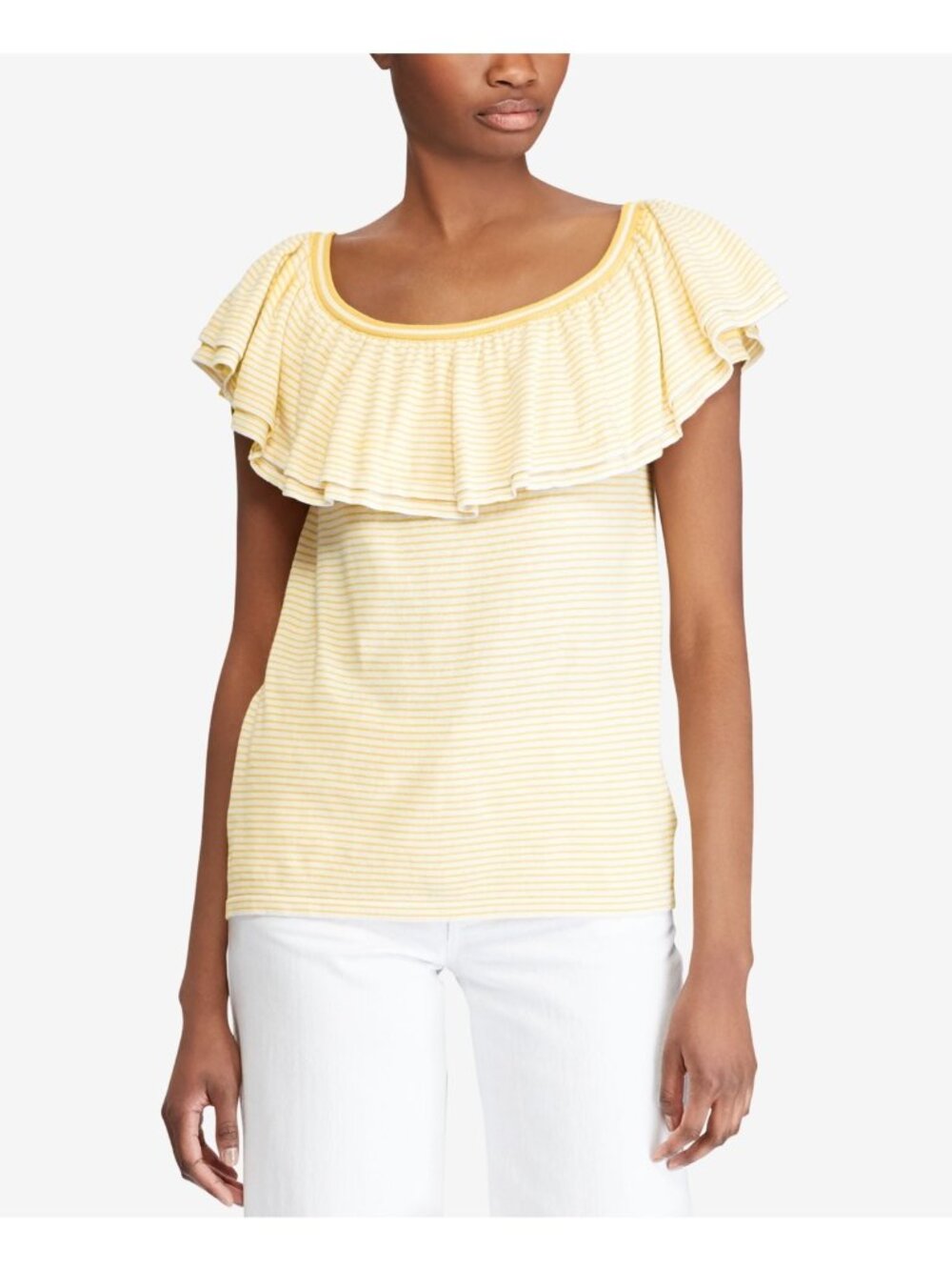 LAUREN RALPH LAUREN Womens Yellow Ruffled Striped Scoop Neck Top Color Cream